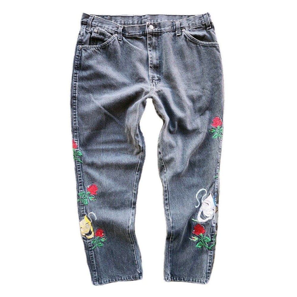 Vtg Dickies Jeans Women 40x30 Embroidered Performing Arts Comedy & Tragedy Roses